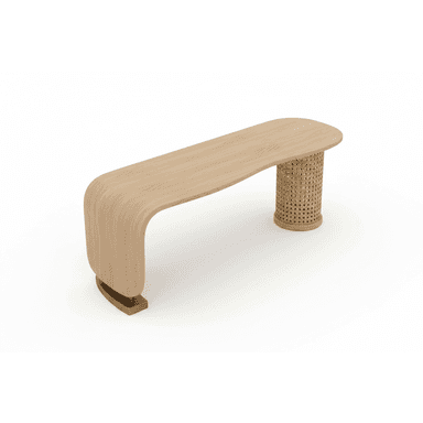 An elegantly designed bench featuring a curved, light-toned wooden seat that transitions into one of its legs. The other leg is a cylindrical support wrapped in natural cane webbing, topped with the wooden seat. A small brass accent forms the base of the bentwood leg. — 3D model (AI enhanced source)
