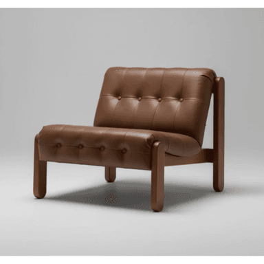 A low-profile lounge chair featuring a visible wooden frame and brown button-tufted leather upholstery, set against a plain grey background. — 3D model (AI enhanced source)