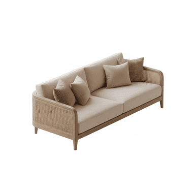 A modern two-seater sofa featuring a light-toned wooden frame with integrated cane weaving on the armrests and back, complemented by light-colored upholstered cushions. — 3D model (AI enhanced source)
