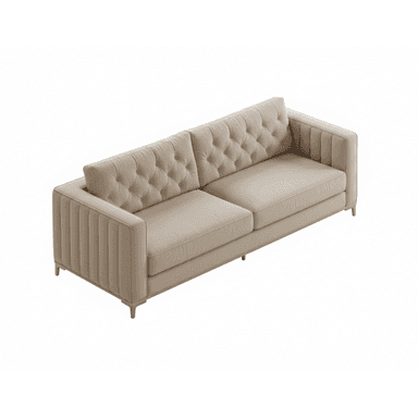 A modern three-seater sofa featuring a clean, rectangular silhouette. The back cushions are deeply tufted, while the side armrests and the front base are adorned with vertical fluting. It is upholstered in a light beige or cream-colored fabric and stands on subtle, recessed metallic legs. — 3D model (AI enhanced source)