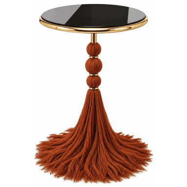 A small, round accent table featuring a glossy black tabletop with a polished gold-finished metal rim and slender support stem. The stem's central portion is adorned with three rust-orange yarn-wrapped spherical elements, separated by gold rings. Below these spheres, the stem transitions into a voluminous, floor-sweeping base composed of numerous strands of the same rust-orange yarn, forming a large, decorative tassel. — 3D model (AI enhanced source)