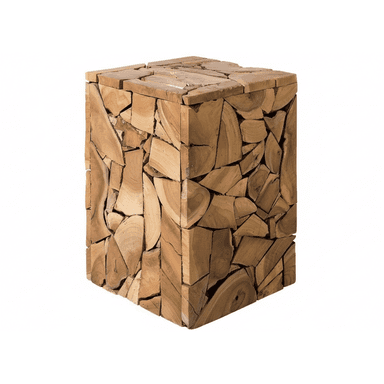 A cube-shaped stool constructed from numerous irregular pieces of wood, resembling a mosaic or mosaic-like pattern. The wood pieces are fitted together to form the exterior surfaces of the stool, with visible grain and natural variations in color and texture. The top surface appears to be constructed from similarly shaped wooden pieces, creating a cohesive design. — 3D model (AI enhanced source)