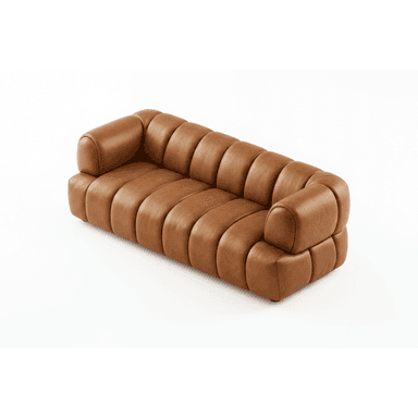 A contemporary three-seater sofa characterized by its distinctive channel-tufted design and low-profile silhouette, upholstered in a warm brown leather. — 3D model (AI enhanced source)