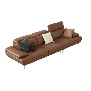 A contemporary modular sectional sofa upholstered in brown leather or faux leather, featuring multiple configurable sections, low-profile metal legs, and adjustable headrests for enhanced comfort. The sofa is adorned with several decorative throw pillows in varying shades of brown, black, and cream. — 3D model (AI enhanced source)