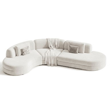 A contemporary modular sectional sofa upholstered in a light-colored, textured bouclé fabric. The sofa features a distinctive curved design composed of multiple interlinking pieces, including sections with low, rounded backrests and extended chaise-like elements. It comes with accent pillows and a throw blanket, enhancing its inviting and comfortable aesthetic. The design emphasizes organic shapes and a sophisticated, modern appeal, resting on a recessed base. — 3D model (AI enhanced source)
