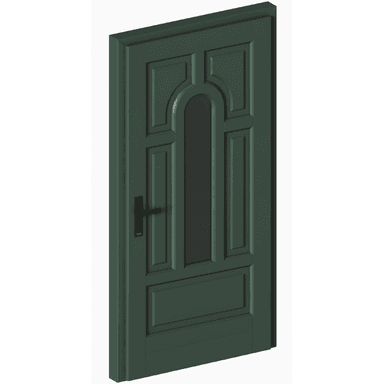 A dark green, single-panel exterior door with a prominent arched glass insert and raised panel detailing. The door features modern black lever hardware. Its design suggests a traditional or classic aesthetic, suitable for residential entryways. — 3D model (AI enhanced source)