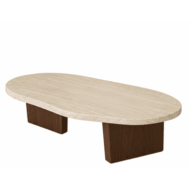 A contemporary low-profile coffee table featuring an oval travertine stone top supported by two distinct, dark wood block bases. — 3D model (AI enhanced source)