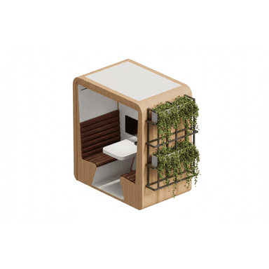 An isolated, isometric view of a modern acoustic office privacy pod designed for individual work or small meetings. The pod features a light wood exterior with rounded edges, a white laminate roof, and an interior fitted with brown horizontally-tufted upholstered seating on opposing sides, separated by a white integrated tabletop. A small monitor is mounted on one interior wall. One exterior side is equipped with a black metal grid structure holding planters with cascading green foliage, providing a biophilic design element. The base and interior walls are white, contrasting with the wood and upholstery. — 3D model (AI enhanced source)