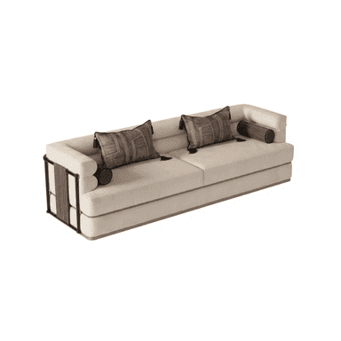 A modern upholstered sofa featuring a light-colored fabric, distinct dark wood and black metal arm detailing, and decorative throw pillows and bolster cushions. — 3D model (AI enhanced source)