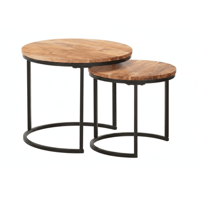 A set of two nesting side tables featuring round natural acacia wood tops and black powder-coated metal bases. The tables are of different heights and diameters, designed to fit one beneath the other for space-saving. The bases are C-shaped on one side and straight-legged on the other, providing a stable and open structure. The wood exhibits natural grain patterns. — 3D model (AI enhanced source)