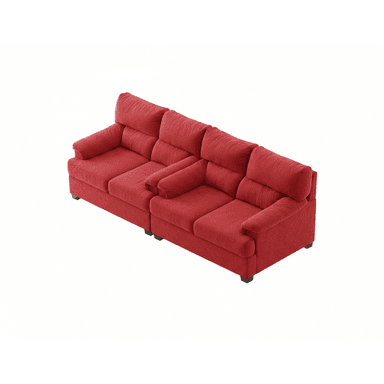 A vibrant red modular sofa, comprising two interconnected sections, designed for comfort. Each section features plush, overstuffed seat and back cushions, along with rounded, generously padded armrests. The sofa is upholstered in a textured red fabric and supported by dark, low-profile block feet, suggesting a contemporary and cozy aesthetic. — 3D model (AI enhanced source)