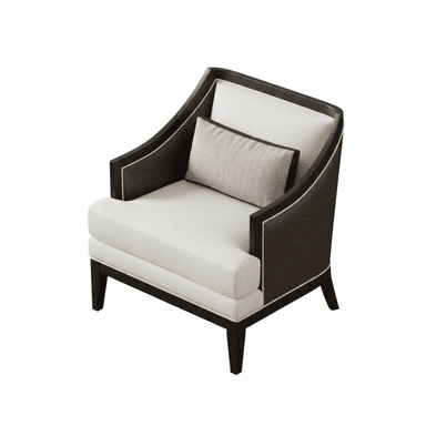 A contemporary armchair featuring a distinctive dark brown wooden frame with elegant curved lines and contrasting light trim details. The seat and backrest are generously upholstered in a textured, off-white fabric, providing a plush appearance. A small rectangular lumbar cushion in a beige, textured fabric rests against the backrest. The chair stands on four sturdy, dark-stained wooden legs, complementing the main frame. The design blends modern aesthetics with a touch of classic elegance. — 3D model (AI enhanced source)