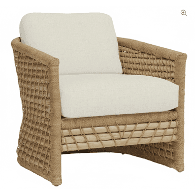A contemporary lounge chair featuring a sturdy frame constructed from natural woven fibers, likely jute or abaca, in an intricate basketweave pattern. It includes thick, plush upholstered seat and back cushions in a light, neutral fabric, suggesting comfort and a relaxed aesthetic. — 3D model (AI enhanced source)