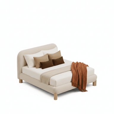 A modern platform bed featuring a soft, rounded upholstered headboard and frame in a light beige, textured fabric. The bed is supported by four short, tapered natural wood legs, creating a low-profile aesthetic. It is styled with white and various shades of brown pillows and a rust-colored throw blanket draped over the footboard. — 3D model (AI enhanced source)