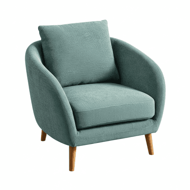 A modern upholstered armchair featuring a curved barrel-style back and integrated arms. The chair is covered in a textured mint green or teal fabric and rests on four light-colored wooden legs that splay slightly outwards. It includes a firm, removable seat cushion and a loose back pillow for comfort. — 3D model (AI enhanced source)