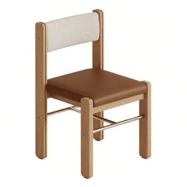 A contemporary armless chair featuring a light natural oak wood frame, a rectangular brown upholstered seat, and a light off-white woven fabric backrest. The design includes polished metal crossbars between the legs for added stability and a minimalist aesthetic. — 3D model (AI enhanced source)