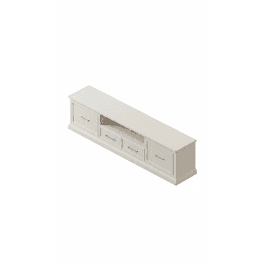 A long, low, off-white media console featuring a transitional design. It is equipped with four storage drawers, two on each end, and a central section with two open shelves. The drawer fronts are paneled, and each drawer is fitted with a slender gold-finished bar pull handle. The console rests on a recessed plinth base, adding to its clean and slightly elevated appearance. The overall finish is a smooth, matte off-white. — 3D model (AI enhanced source)
