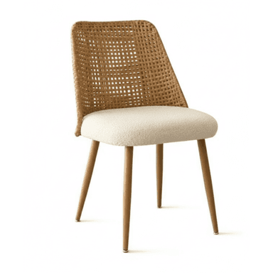 A contemporary dining chair featuring a gracefully curved, natural woven rattan backrest and a generously padded, cream-colored boucle upholstered seat. It stands on four slender, tapered legs with a light wood-effect finish, which splay slightly for stability. The design combines natural textures with modern lines, offering both comfort and aesthetic appeal. — 3D model (AI enhanced source)