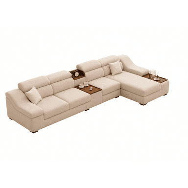 A large, modern sectional sofa upholstered in light beige fabric, featuring a modular design with a long main section and a chaise lounge extension. It incorporates integrated wooden storage compartments and side tables between seating units and on the end of the chaise, providing functional surfaces. The backrests include adjustable headrests, contributing to its contemporary and comfortable aesthetic. — 3D model (AI enhanced source)
