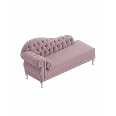 An elegant chaise lounge upholstered in a mauve or dusty pink velvet-like fabric. It features deep button tufting along its elevated backrest and single rolled armrest. The long, flat seat portion is smoothly upholstered, providing a comfortable reclining surface. The chaise is supported by four decorative, curved white legs, likely in a cabriole style, adding to its traditional and luxurious aesthetic. — 3D model (AI enhanced source)