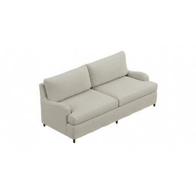 A contemporary sofa upholstered in a light-colored, textured fabric, featuring classic rolled armrests. It is designed with two distinct seat cushions and two matching back cushions, supported by small, dark, exposed legs. — 3D model (AI enhanced source)