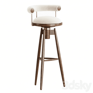 A tall, backrest-equipped swivel bar stool featuring a dark walnut wooden frame, a padded circular seat, and a low curved backrest upholstered in cream fabric, accented with brass details. — 3D model (AI enhanced source)