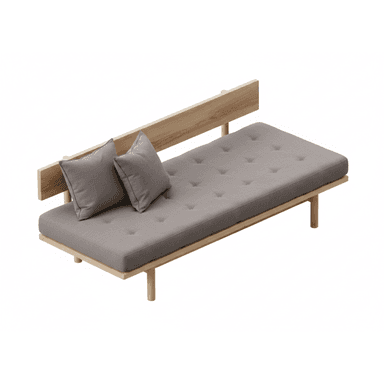 A modern daybed featuring a light-toned wooden frame and a grey upholstered cushion. The frame includes a simple slatted backrest on one side and stands on cylindrical wooden legs. The main cushion is tufted, and two matching throw pillows are included. — 3D model (AI enhanced source)