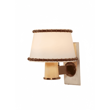 A modern wall sconce featuring a rectangular marble backplate, a short brass arm, and a conical frosted glass shade. The shade is accented with decorative brown leather wrapping, secured with lacing at its top and bottom edges. — 3D model (AI enhanced source)