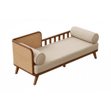 A contemporary daybed featuring a dark stained wooden frame, a prominent cane/rattan woven panel on one end, and a slatted backrest on the other long side. It is furnished with a thick, beige upholstered seat cushion and two matching cylindrical bolster pillows. — 3D model (AI enhanced source)