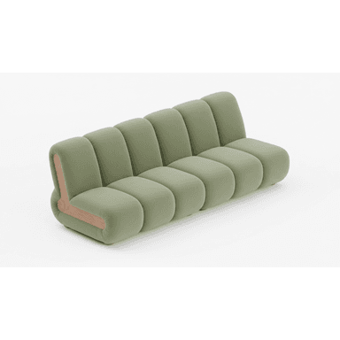 A contemporary sofa featuring a plush, olive-green upholstered finish composed of multiple rounded, channel-tufted segments forming the seat, backrest, and armrests. The sofa has a low profile with a distinctive curved, natural wood panel integrated into one end, serving as both a design accent and part of the armrest structure. The overall aesthetic is soft, organic, and modern. — 3D model (AI enhanced source)