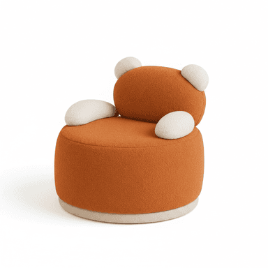 A compact, rounded, upholstered chair designed with a playful bear-like aesthetic. It features a cylindrical base in an orange, textured fabric, topped with a rounded seat and backrest. The backrest is adorned with two spherical, off-white "ears," and two smaller, oval "paws" serve as armrests, also in the off-white fabric. The overall shape is plump and inviting, with a distinct cream-colored base trim. — 3D model (AI enhanced source)