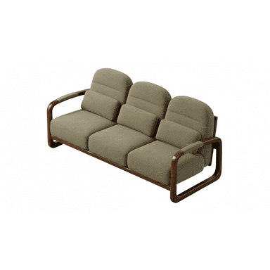 A three-seater sofa featuring a distinctive exposed bentwood frame and upholstered cushions. The sofa includes three individual seat cushions, three segmented back cushions, and two bolster-style armrest cushions, all upholstered in a muted olive green fabric. The dark brown bentwood frame forms a continuous loop for the arms and legs, providing a modern and minimalist aesthetic. — 3D model (AI enhanced source)