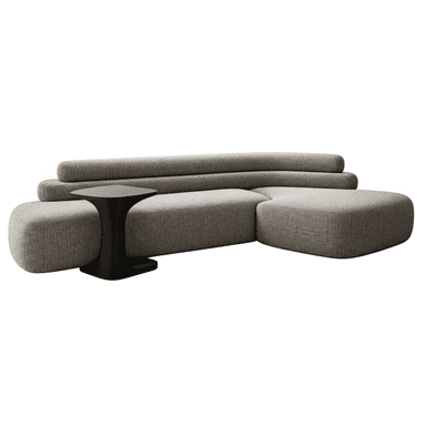 A contemporary L-shaped modular sectional sofa, upholstered in a textured grey fabric. It features rounded seat cushions and a distinctive backrest composed of layered, cylindrical forms. An integrated black pedestal side table is positioned within the corner of the sofa, offering a contrasting accent. — 3D model (AI enhanced source)