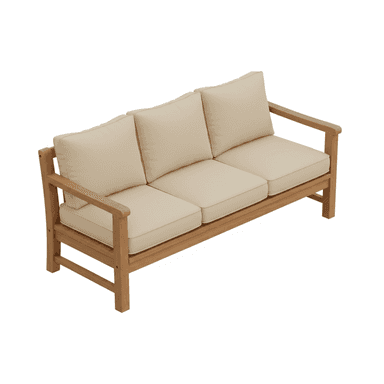 A modern three-seater outdoor sofa constructed from light-colored teak wood with thick, removable beige fabric cushions on both the seat and backrest. The frame features clean lines and wide, flat armrests. — 3D model (AI enhanced source)