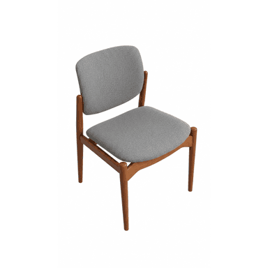 An armless dining chair featuring a minimalist design with a visible wooden frame and upholstered seat and backrest. The frame appears to be made of a warm-toned wood, possibly teak, with tapered legs. Both the seat and the slightly curved backrest are upholstered in a light grey fabric, providing a clean and contemporary aesthetic often associated with Scandinavian or Mid-Century Modern design. — 3D model (AI enhanced source)