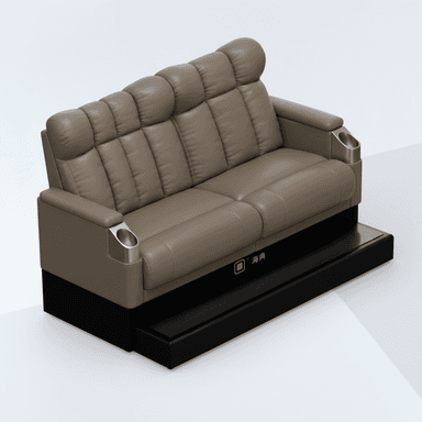 A contemporary two-seater loveseat, likely designed for home theater or media room use, featuring heavily padded, articulated backrests and seat cushions upholstered in a taupe or light brown faux leather. Each armrest includes an integrated polished metal cup holder. The entire unit is supported by a substantial, dark, rectangular platform base that extends forward, suggesting a reclining mechanism or integrated footrest. — 3D model (AI enhanced source)