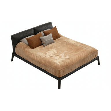 A modern platform bed featuring a dark, padded leather headboard with two distinct sections, supported by a minimalist, low-profile black frame and integrated tapered legs. The bed is adorned with a textured brown quilted coverlet and an assortment of brown and grey throw pillows. — 3D model (AI enhanced source)