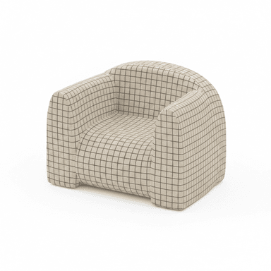 A contemporary upholstered accent chair featuring a rounded, barrel-like form with a continuous back and integrated armrests. The chair is covered in a light beige or off-white fabric with a distinct dark grid or plaid pattern. It has a low-profile design and rests directly on its base. — 3D model (AI enhanced source)