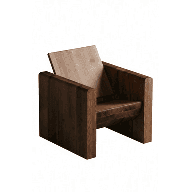 A robust, modern armchair constructed from solid wood, featuring a block-style frame in a dark finish and a distinct, angled backrest in a lighter wood tone. The design emphasizes clean lines and substantial material, giving it a minimalist yet impactful presence. — 3D model (AI enhanced source)