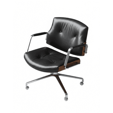 An executive-style swivel chair featuring black leather upholstery, a curved wooden shell, and a polished metal base. The seat and backrest are padded and tufted, providing a comfortable appearance. The armrests are made of chromed metal with black upholstered pads. The chair sits on a five-star wheeled base, indicative of an office or desk chair. — 3D model (AI enhanced source)