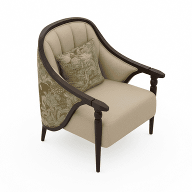 A classically inspired upholstered armchair featuring a curved, exposed dark wood frame, complemented by light beige fabric on the seat and inner back. The outer back and side panels are adorned with a lush green and gold tropical or botanical pattern, and the chair includes a matching decorative throw pillow. — 3D model (AI enhanced source)