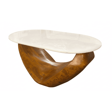 An organic modern coffee table featuring a large, smooth oval white tabletop resting on a dramatically sculpted and continuous wooden base. The base is crafted from warm-toned wood, showcasing natural grain patterns and a flowing, abstract design that appears to cradle the top. — 3D model (AI enhanced source)