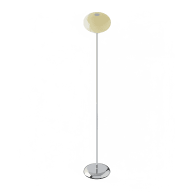 A modern floor lamp with a slender, polished metal stem rising from a circular, reflective base. Topped with a spherical, opaque lampshade in a pale yellow hue, it emits a soft, diffused light. The overall design is minimalist and elegant. — 3D model (AI enhanced source)