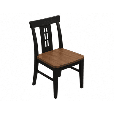 A wooden dining chair featuring a two-tone finish, with a black frame and a brown seat. The backrest has a slatted design with decorative horizontal elements in the center. — 3D model (AI enhanced source)