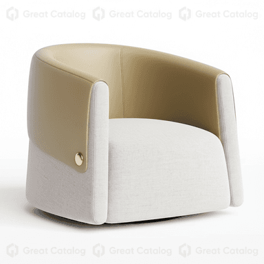 A modern upholstered armchair featuring a rounded, barrel-like silhouette. It showcases a two-tone design with a light, textured fabric on the seat and lower body, contrasted by a smooth, tan-colored faux leather on the upper back and integrated curved armrests. A decorative gold-finished stud accents the side where the two materials meet, contributing to its refined aesthetic. The base is low and largely concealed, suggesting a streamlined or potentially swiveling design. — 3D model (AI enhanced source)
