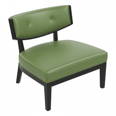 An armless accent chair featuring a low-profile design with a padded seat and a gently curved backrest, upholstered in a vibrant green faux leather. The chair is supported by a dark, possibly black, wooden frame and sturdy tapered legs. The backrest has two subtle button tufts. — 3D model (AI enhanced source)