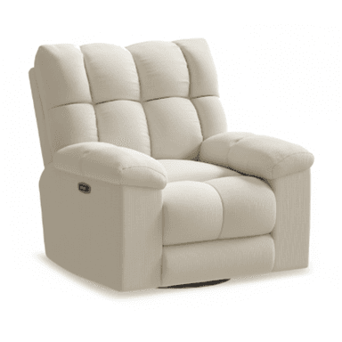 A modern upholstered recliner chair with a swivel base, plush segmented cushioning, padded arms, and an integrated control panel, rendered in a light cream textured fabric. — 3D model (AI enhanced source)
