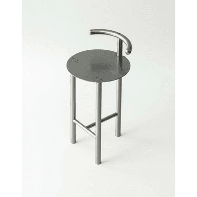 A modern bar stool with a circular seat, three cylindrical legs, and a curved backrest support. The seat has three circular indentations for decorative or functional purposes. The legs are connected by a horizontal crossbar for stability. — 3D model (AI enhanced source)