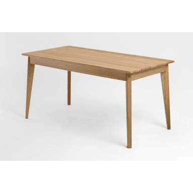A rectangular dining table crafted from light-colored solid wood, likely oak, featuring a minimalist Scandinavian design. The tabletop is smooth and has visible wood grain, supported by a subtle apron. Four splayed and tapered legs provide stability and contribute to its modern aesthetic. — 3D model (AI enhanced source)