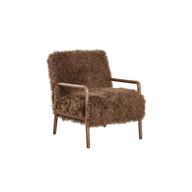 A compact armchair with a wooden frame and a plush, shaggy brown upholstery covering the seat, back, and arms. The wooden frame is visible at the legs, armrests, and where the back meets the seat. — 3D model (AI enhanced source)